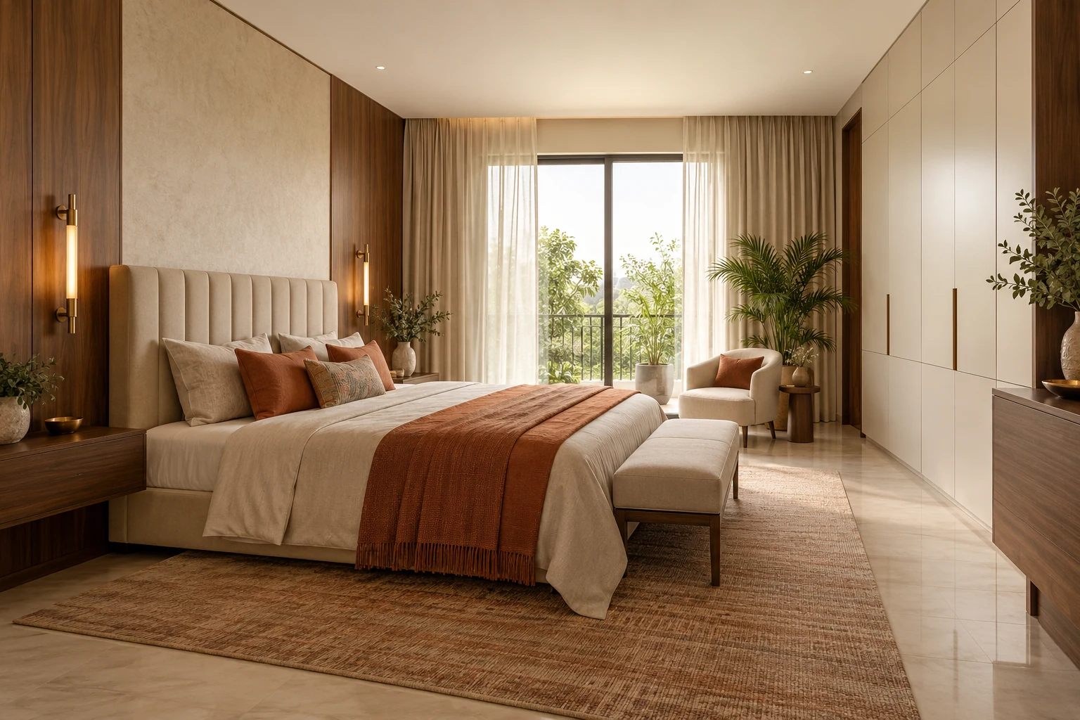 Bedroom with integrated wardrobe and wall panelling design reference