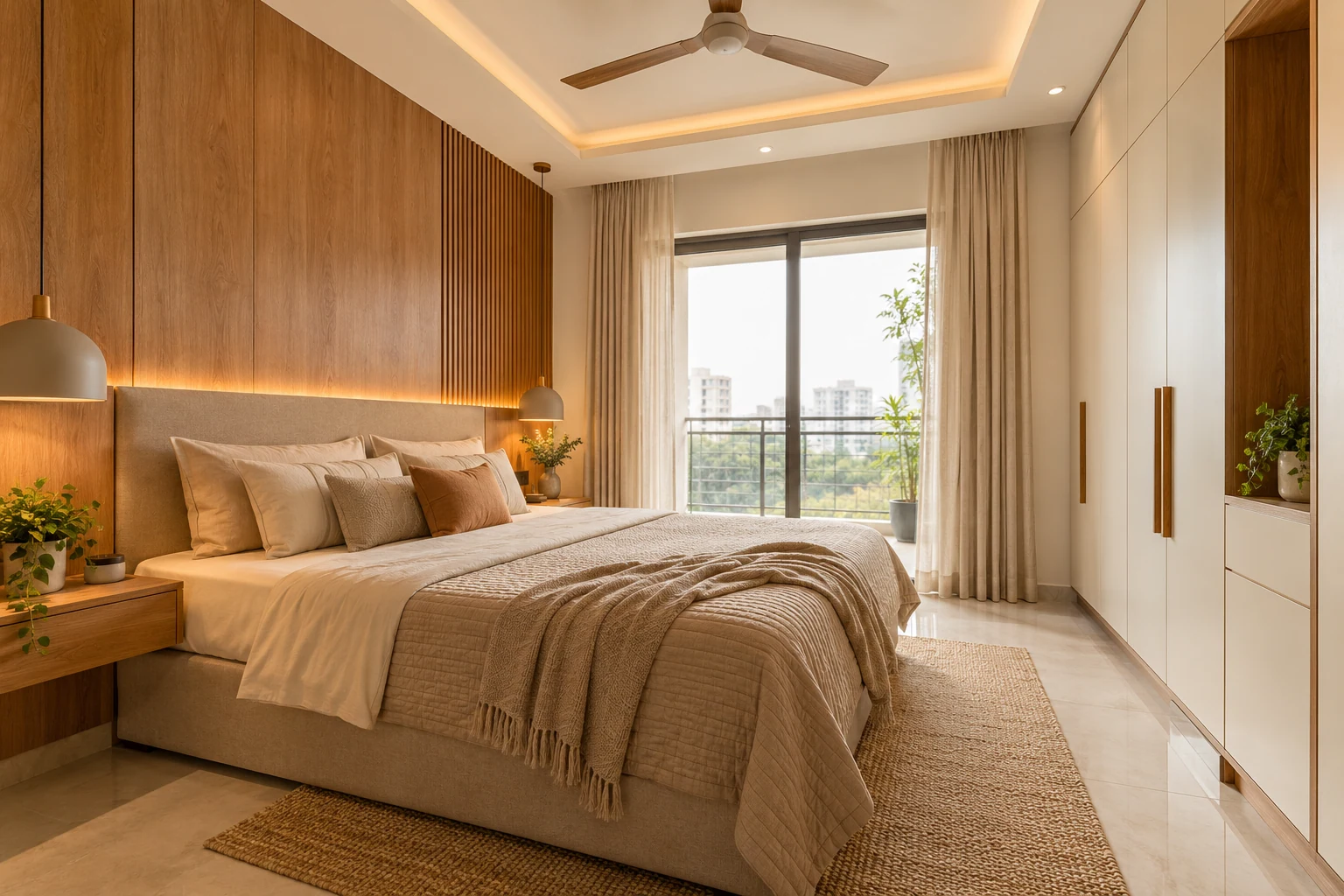Oak & ivory bedroom AI-generated interior concept