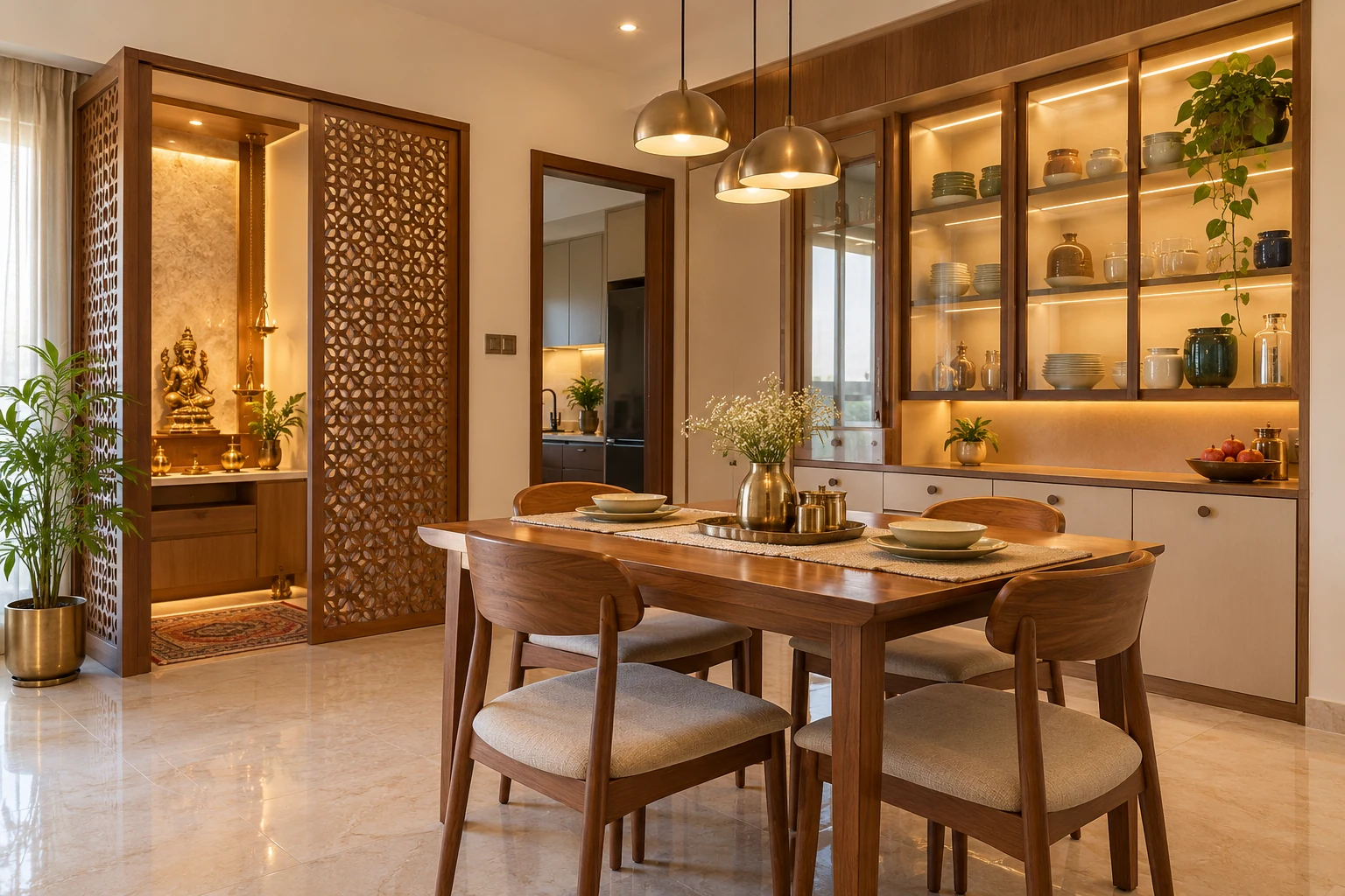 Dining with pooja partition AI-generated interior concept