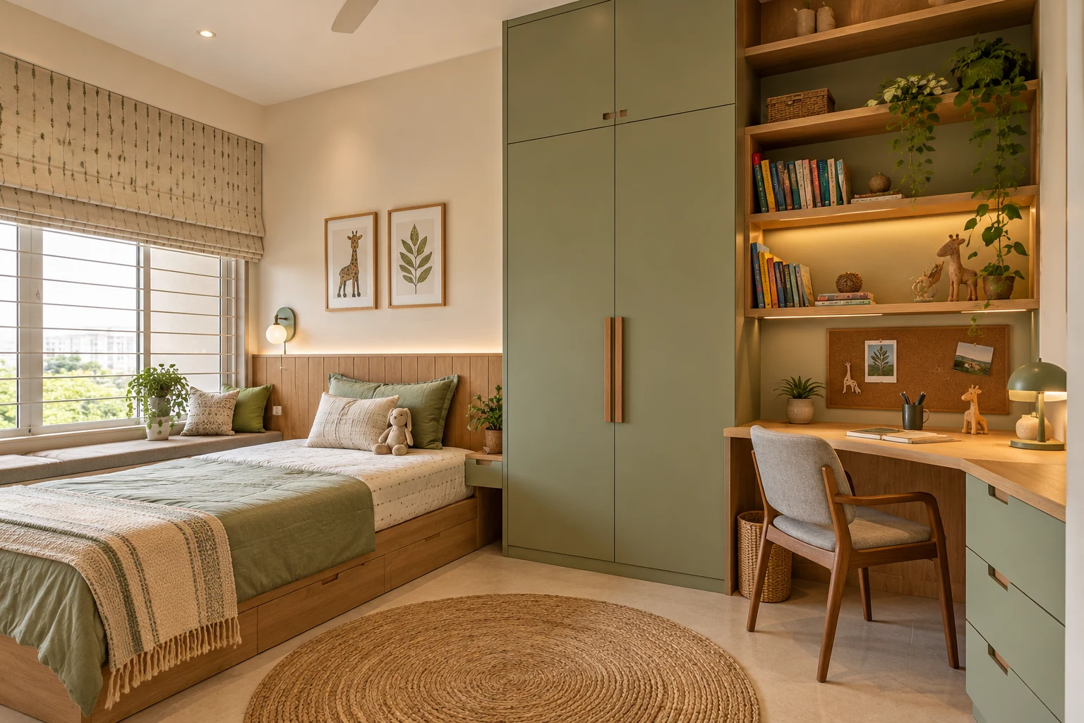 Sage study & bedroom AI-generated interior concept