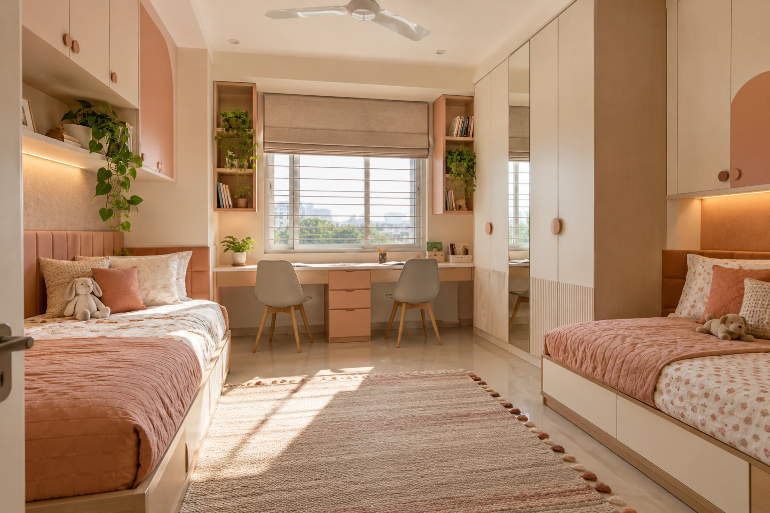 Pastel twin-bed room AI-generated interior concept