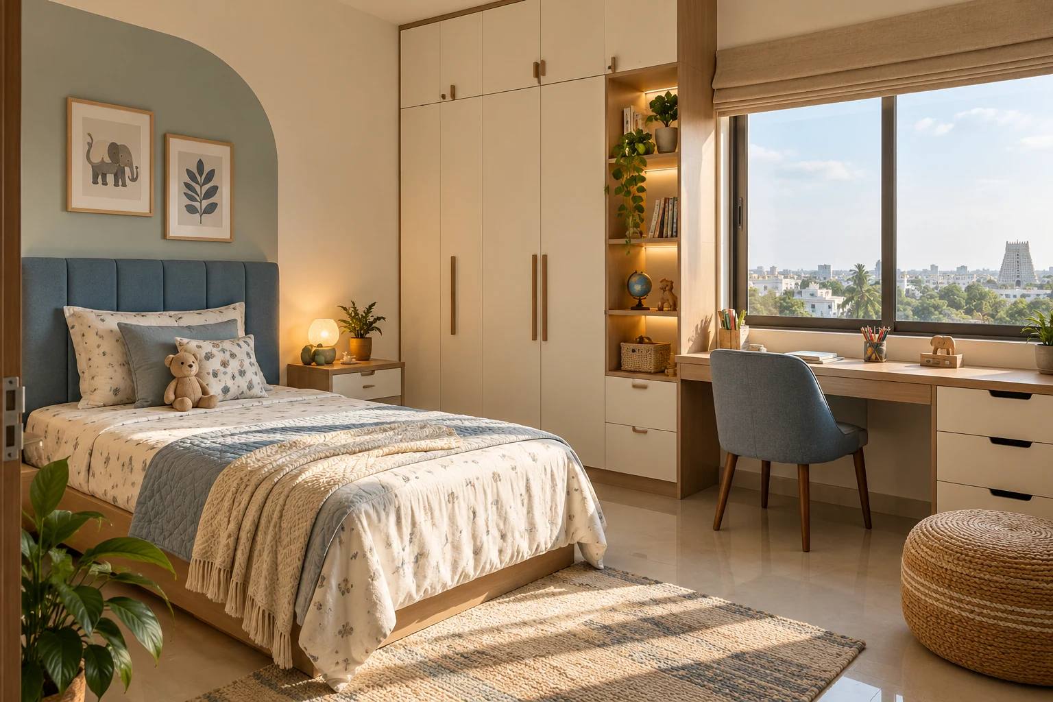 Blue study bedroom AI-generated interior concept