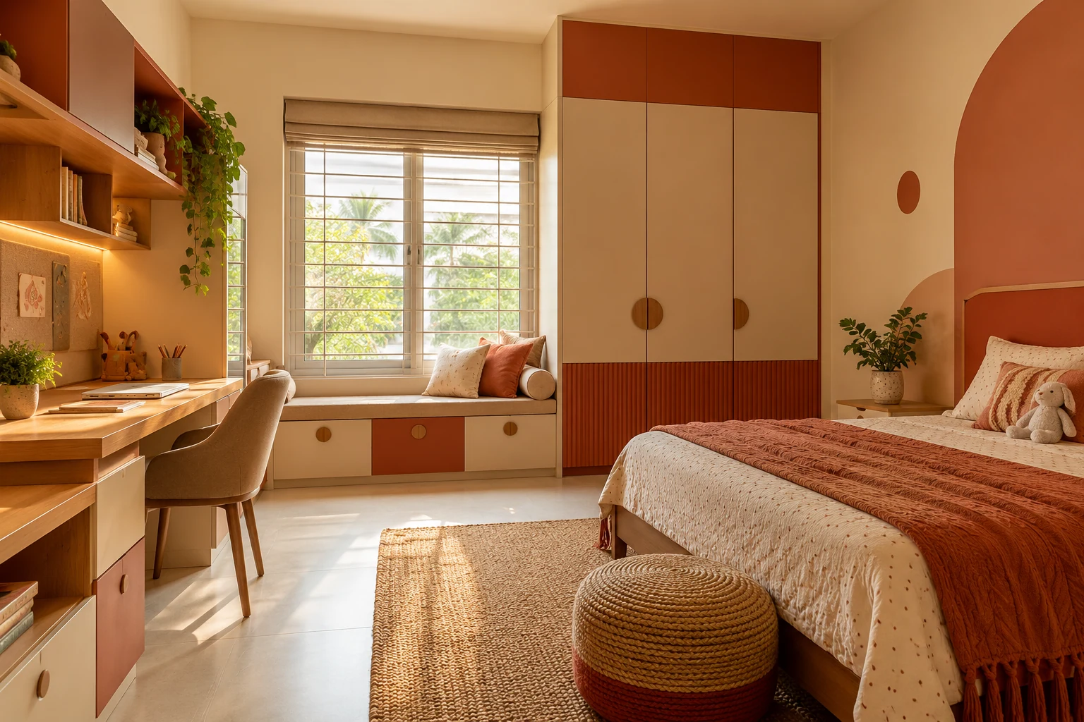 Playful neutral kids' room AI-generated interior concept