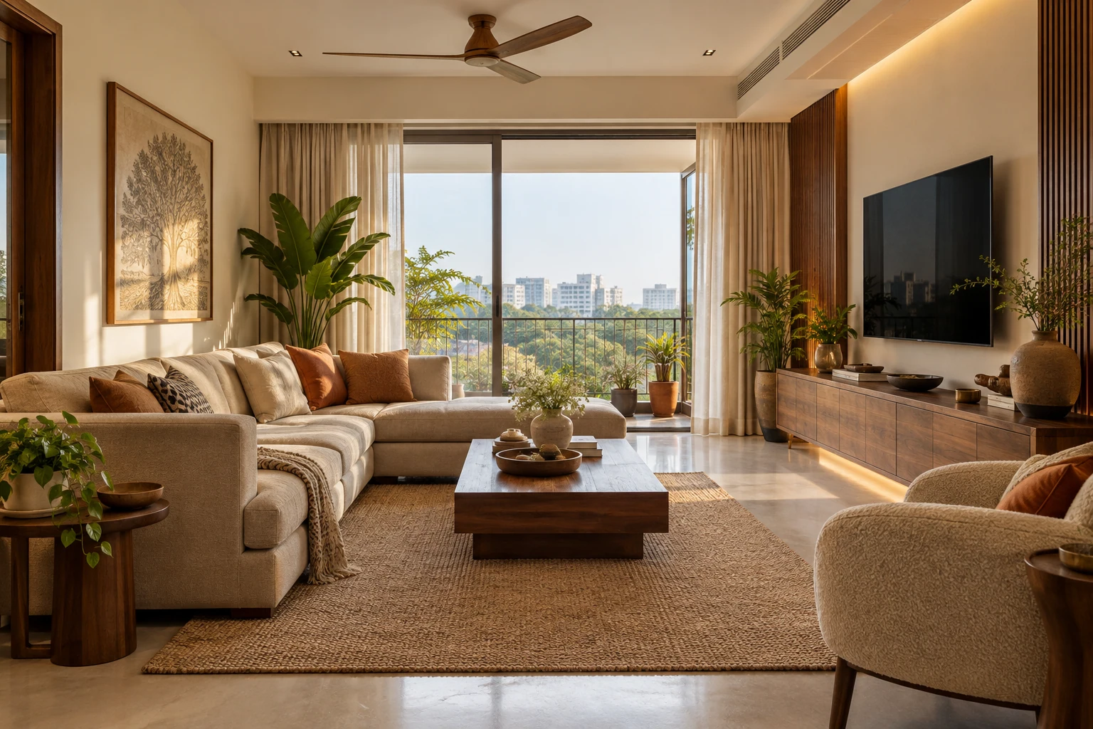 Warm neutral lounge AI-generated interior concept