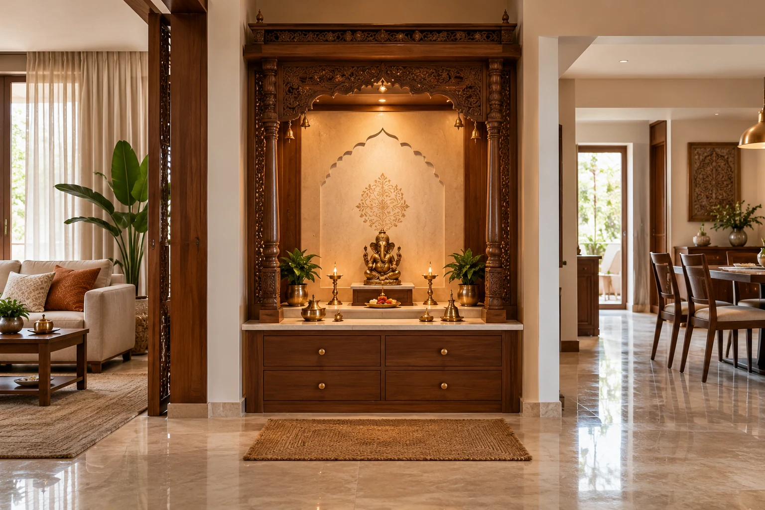 Traditional wood pooja niche AI-generated interior concept
