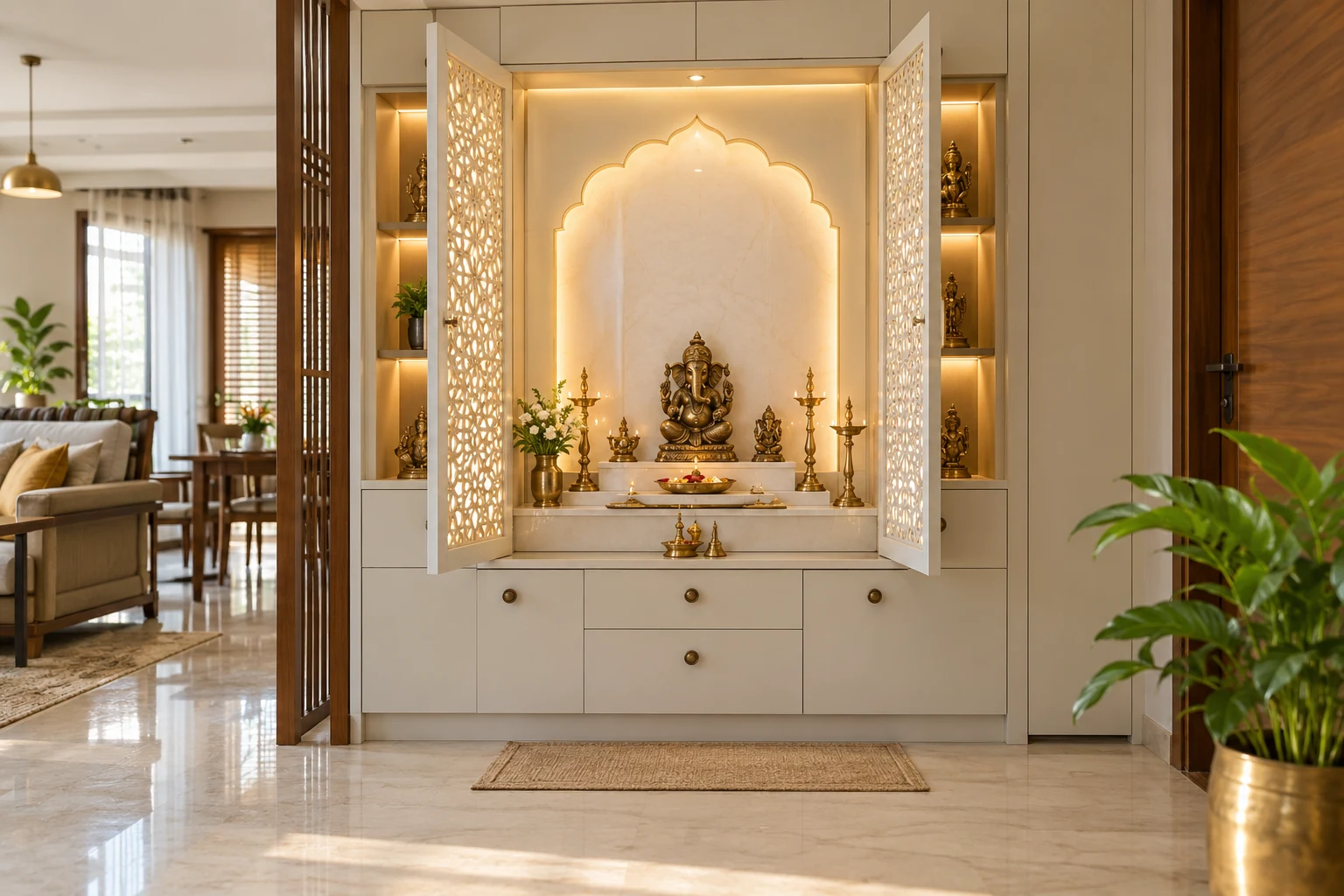 Modern ivory pooja unit AI-generated interior concept