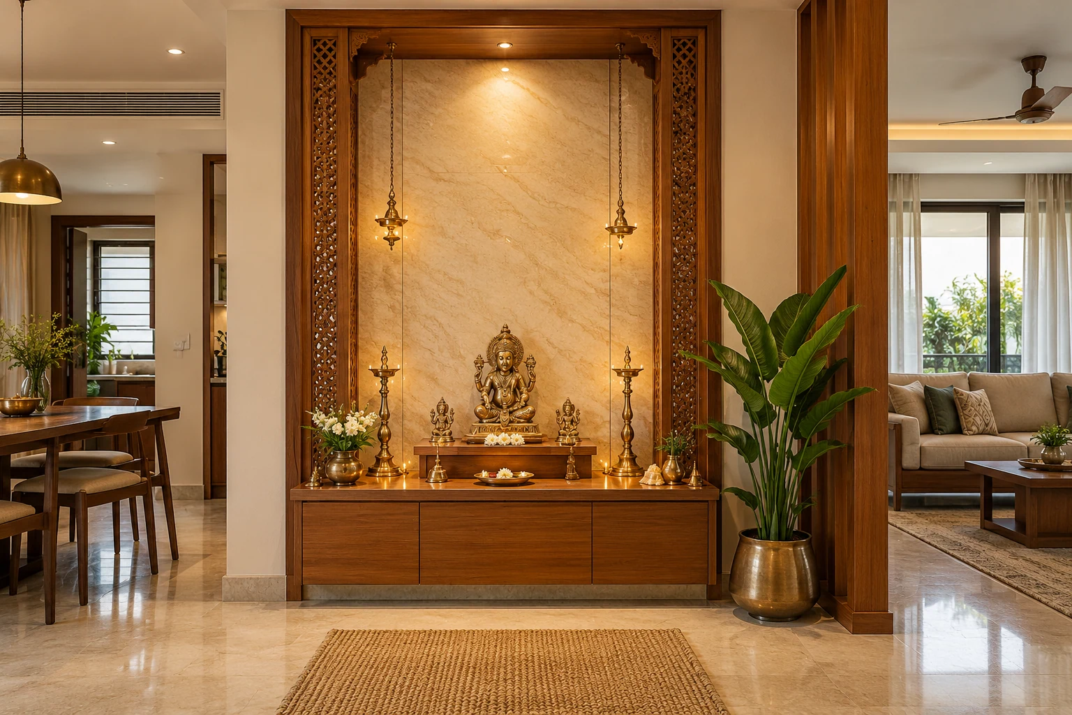 White stone pooja alcove AI-generated interior concept