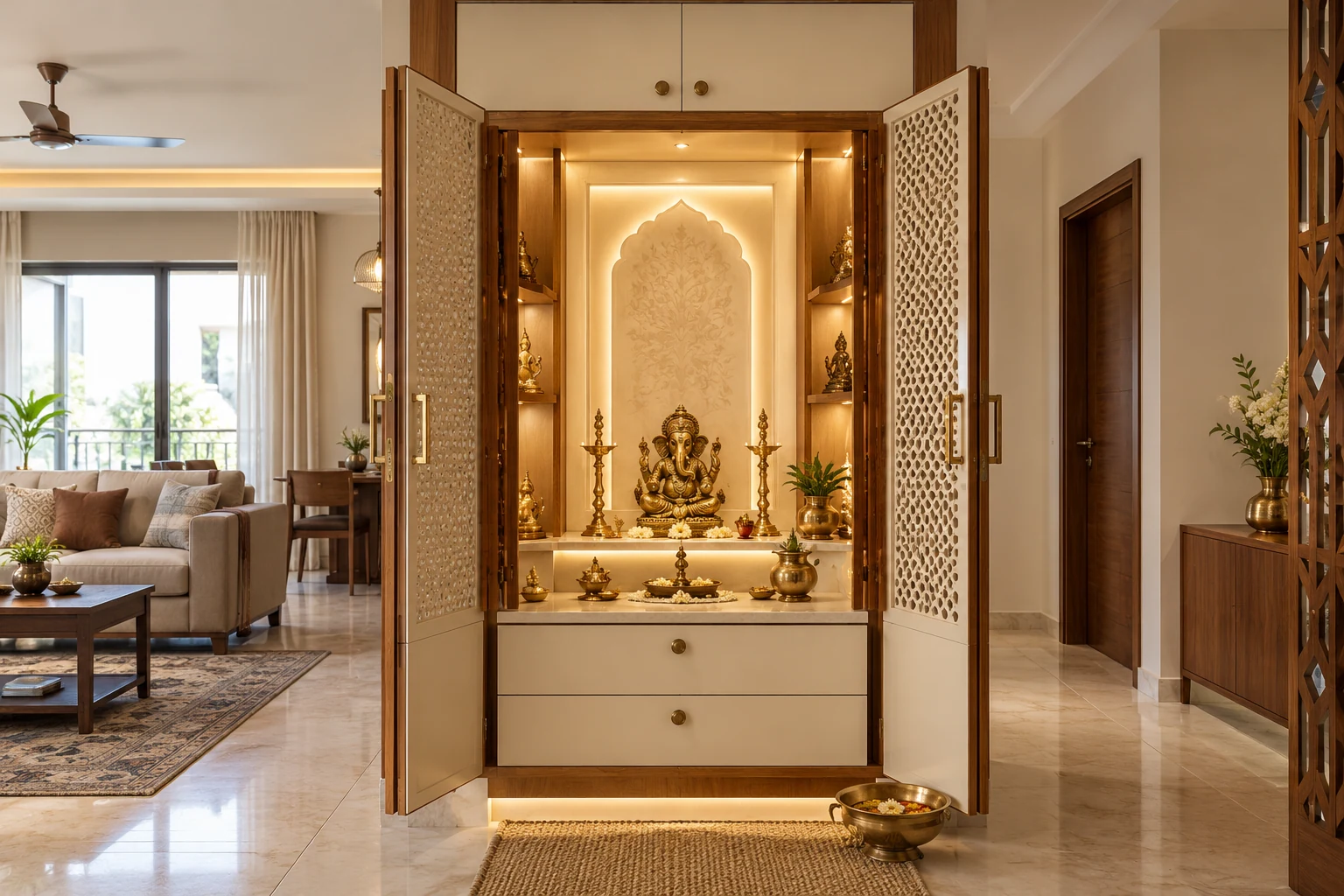 Floor-to-ceiling pooja cabinet AI-generated interior concept