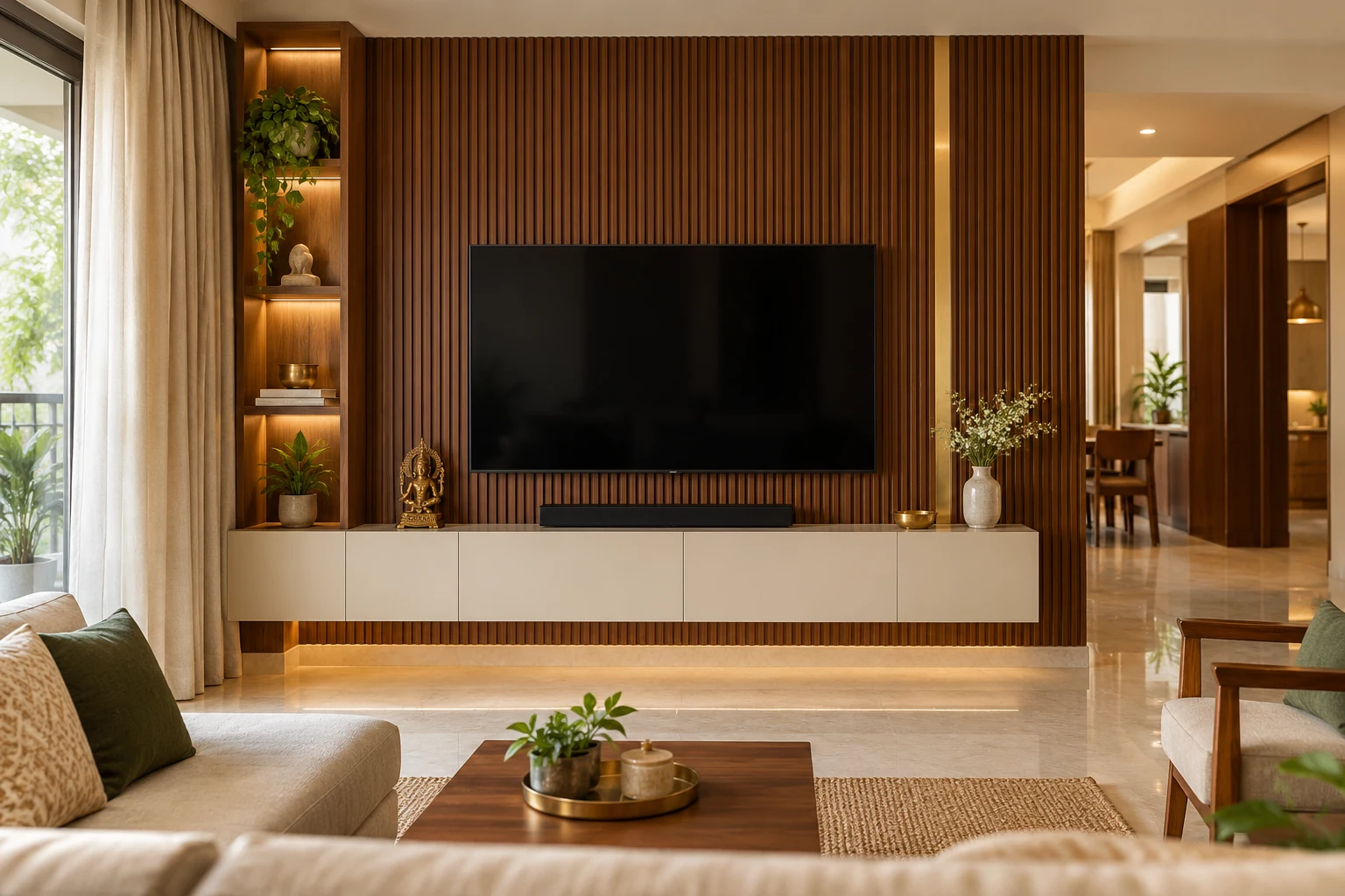 Fluted walnut TV unit AI-generated interior concept