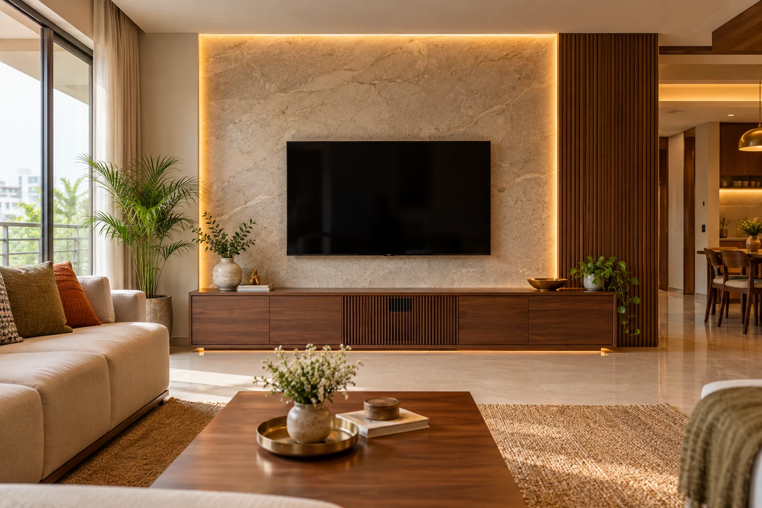 Stone-look media wall AI-generated interior concept