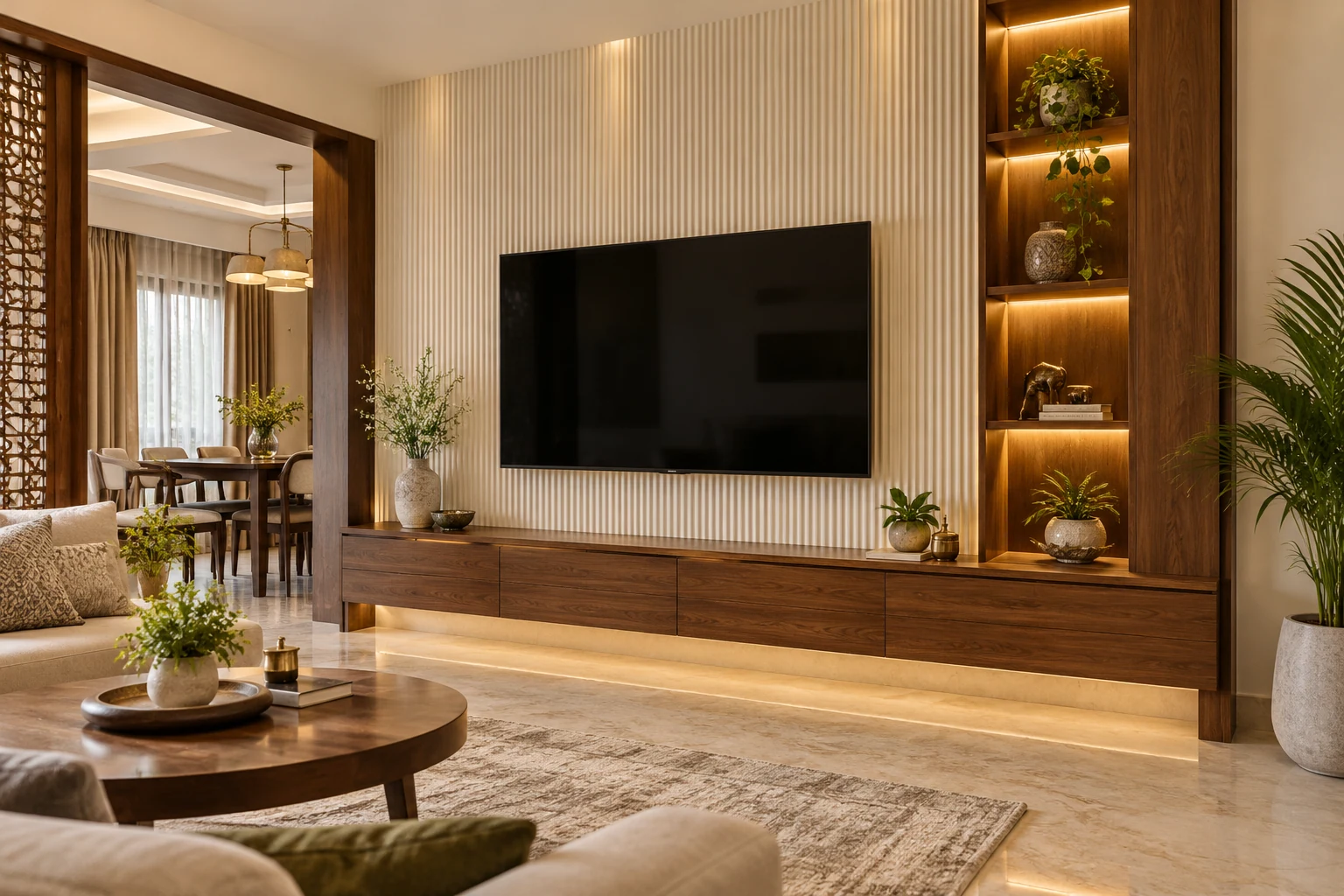 Warm contemporary media unit AI-generated interior concept