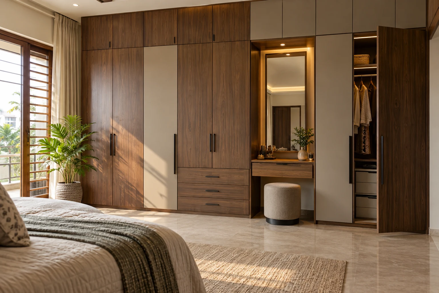 Walnut wardrobe wall AI-generated interior concept